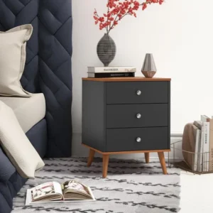 Mesa De Cabeceira Retro 3 Gavetas Preto Pés Em Madeira Mix Acabamento Fosco Cor preto Dullar Móveis MDF/MDP