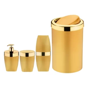 Kit Dispenser Porta Escova Algodão Lixeira Dourado Banheiro