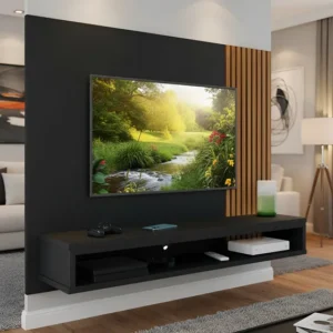 Painel Tv Até 50 Polegadas Ripado Com Nicho Inferior Simples Cor Preto / Ripado Freijo