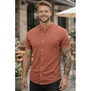 Camisa Manga Curta Masculina Gola Padre Tecido Respirável