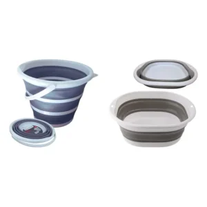 Kit Retrátil: Balde Dobrável 10l Flexível Reforçado Powermaid + Bacia Retrátil 6,7l Maxclean