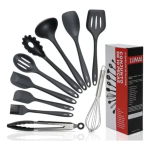 Lumai Kit de Utensilios de Cozinha de Silicone Maciço Miami Premium - Conjunto com 10 Peças Livre de BPA - Jogo com Espatulas Pegador Conchas Colheres Batedor de Ovos - Tamanho Grande e Pegada Firme