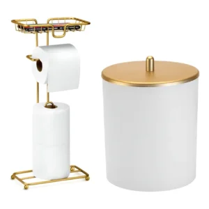 Kit Porta Papel Higiênico Dourado E Lixeira Lavabo Banheiro
