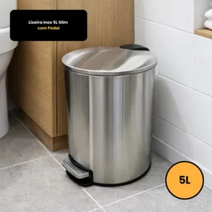 Lixeira Slim redonda 5L aço inox com pedal prateado Powermaid