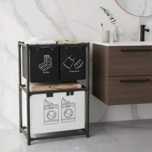 Cesto Lavanderia Organizador 3 Divisórias Para Roupas Preta E Branca