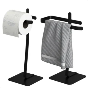 Porta Papel Higiênico Chão e Porta Toalha Preto MetalCromo Aço Carbono