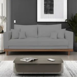 Sofá Living 3 Lugares Linho Grafite Reforçado Base Madeira Com Almofadas