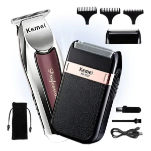 Kit Kemei Maquina Elétrica Acabamento Cabelo e Barba Km 9163 + Barbeador Shaver KM-2024 Profissional