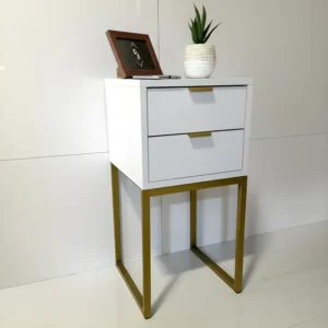 Mesa De Cabeceira MDF Off White 30cm 2 Gavetas Eco Industrial Montada Cama Pé Ferro Acabamento Puxador Dourado Cor Base Dourada