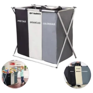Cesto De Roupas P/organizar Lavanderia Banheiro 3 Divisorias Cinza Cesto De Roupas Multiuso