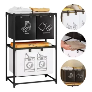 Organizador De Roupas Para Lavanderia Com 3 Cestos Preto