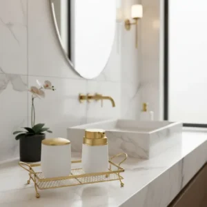 Kit Lavabo Saboneteira Porta Multiuso Com Bandeja Retangular Branco/dourado Fosco