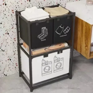 Organizador Lavanderia 3 Cestos Removíveis Metal Estrutura Preto/branco