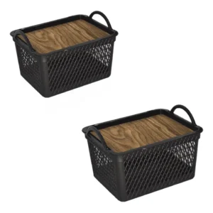 Kit 2 Cestos Telados Com Tampa Label Madeira 20l Organizador Preto