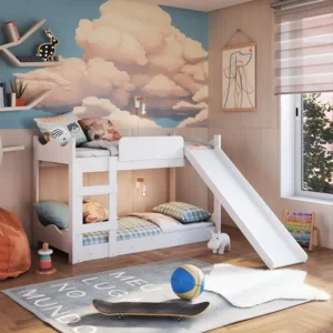 Beliche Infantil com Escorregador, Grades Laterais e Escada AR001BCBC Cor Branco - Completa Móveis