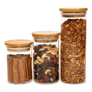 Potes De Vidro P/ Mantimentos C/ Tampa Bambu Oikos - 3 Pçs Marrom-claro