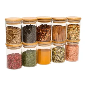 Jogo De 10 Potes Herméticos De Vidro Tampa De Bambu - 250 Ml Cor Marrom