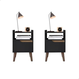 Kit 2 Mesas De Cabeceira Gabriela Retrô 1 Gaveta 1 Nicho Cor Preto Dullar Móveis
