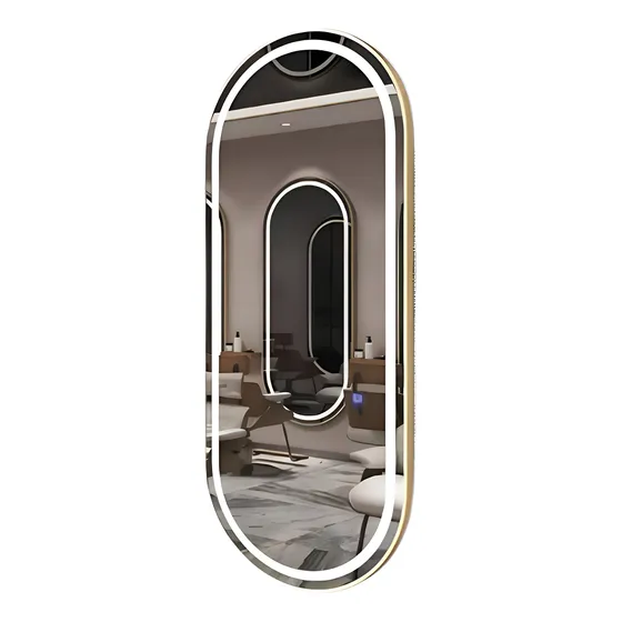 Espelho Oval De Chão Lopazzi Corpo Inteiro Grande Moderno Com Luz 3000k E 6500k Do 170cm X 70cm Com 3cm De Diâmetro Energia Elétrica Quadro Dourado