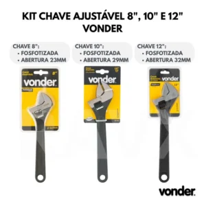 Kit Chave Inglesa Ajustável 8 + 10 + 12 Vonder Fosfatizadas Aço Carbono Alta Resistência