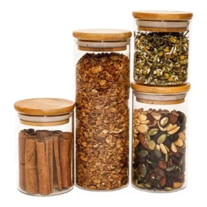 Potes De Vidro P/ Mantimentos C/ Tampa Bambu Oikos - 4 Pçs Marrom-claro