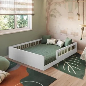 Cama Casal Infantil de Chão Montessoriana para Menino e Menina com Grade de Proteção Lateral Cor Branco