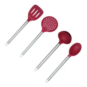 4 Pçs Silicone Cabo Inox Colher Concha Escumadeira Espátula Vermelho
