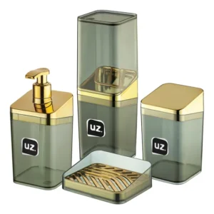 Kit Lavabo Luxo Preto Dourado Slim 4 Peças Porta Sabonete
