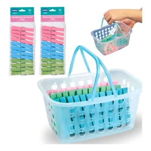 Kit Cesta Com Alça E 60 Unidades De Prendedores De Roupa Mor