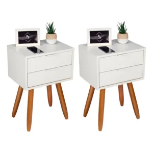 Kit 2 Mesas de Cabeceira Retro 30cm 2 Gavetas Pé Palito de Madeira Maciça Castanho Cor Brando Mdf Fl Decor