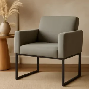 Poltrona Cadeira Decorativa Pés De Ferro Preto Sala Recepção Cor Cinza Desenho do tecido Liso