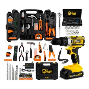 Furadeira Parafusadeira De Impacto 2 Baterias 21v 3/8 Com Kit Jogo De Ferramentas 169 Peças Com Maleta The Black Tools