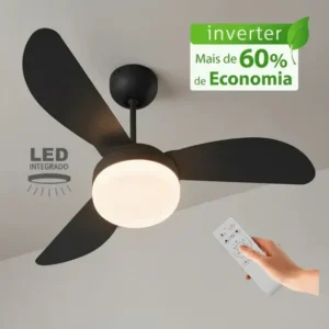 Ventilador de teto Ventisol Fenix Inverter Controle Remoto preto com 3 pás de plástico, 960 mm de diâmetro 127 V/220 V