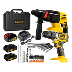 Kit Parafusadeira De Impacto Sem Fio 21V 3/8 10mm E Acessórios + Martelete Rompedor Bateria 21V 1400Rpm The Black Tools