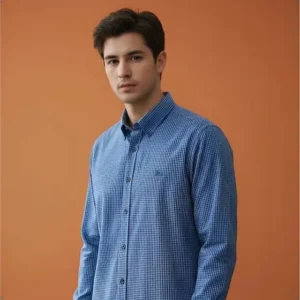 Camisa Masculina Manga Longa Xadrez De Algodão Azul Premium