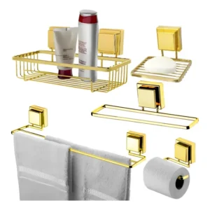 Kit 5pç Porta Shampoo Toalha Sabonete Papel Ventosa Dourado