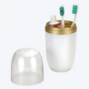 Porta Escova De Dentes Creme Dental Estojo Case Com Tampa Cor Branco E Dourado