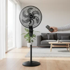 Ventilador de piso Mallory de 6 pás com controle remoto, estrutura de classe A, lâminas pretas, diâmetro cinza, diâmetro de 40 cm, material de lâmina: plástico