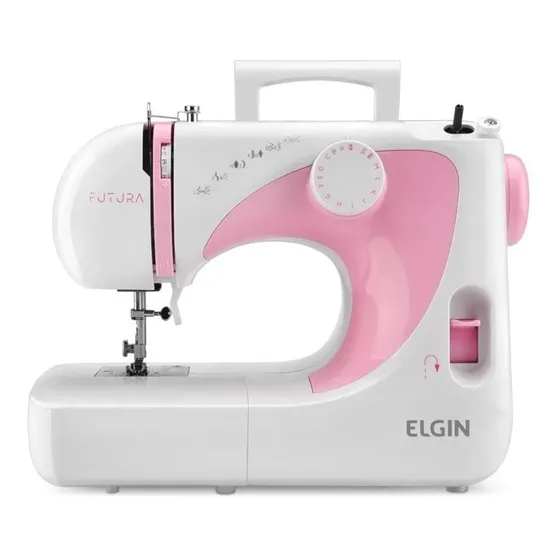 Máquina De Costura Elgin 14 Pontos Futura Jx-2040 Costura 8 Camadas de Jeans C/ Pedal Acessórios Estrutura de Ferro e Aço Portátil Branco/Rosa