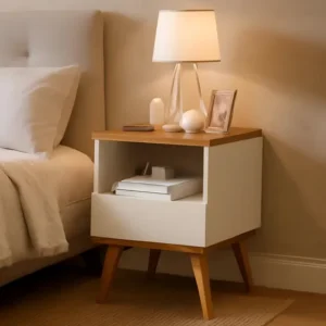 Mesa Cabeceira 1 Gaveta Pés Palito Pix Off White / Nature Dullar Móveis