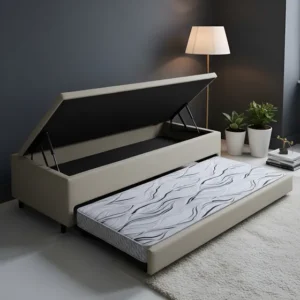 Bicama Box Com Baú Linho Bege 96x203 Com Colchão Auxiliar Ecoflex