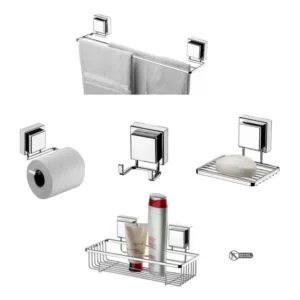 Kit Toalheiro Shampoo Sabonete Papel Cabide Ventosa Cromado Cromo
