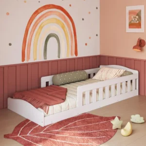 Cama Infantil de Chão Montessoriana de Solteiro Menino Menina com Grade Proteção Branco