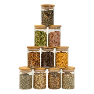 Kit 10 Potes Vidro 250ml Tampa De Bambu Redondos - Tüd Marrom-claro