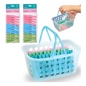 Kit Cesta Com Alça + 60 Prendedores De Roupa Mor Lavanderia