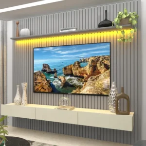 Painel Ripado Tv Até 85 Polegadas Com Led 230cm Nobre Ci Cinza/off White