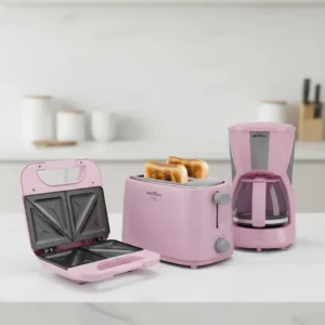 Kit Britânia: Sanduicheira Rosa Antiaderente 750w + Torradeira Rosa 750w + Cafeteira Rosa 550w