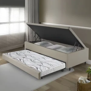 Bicama box baú solteiro linho bege 88cm x 188cm com colchão auxiliar B&G
