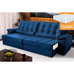 Sofá Retrátil Reclinável 3,00m Ascari Velut Azul C/ Molas Cor Azul-marinho