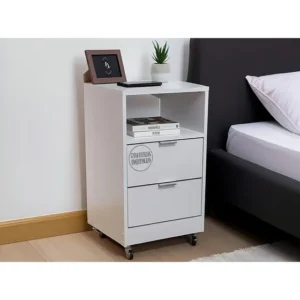 Mesa De Cabeceira Branca 40cm MDF 2 Gavetas 1 Nicho Com Rodinhas Acabamento Puxador Prata